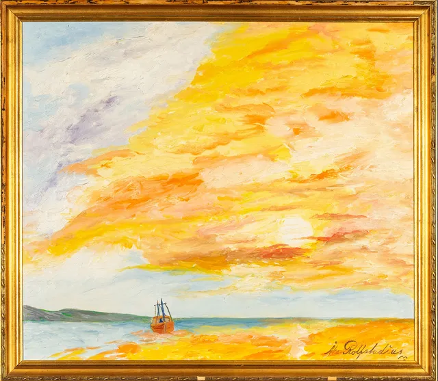 ÅKE ROLFSTADIUS. Olja på pannå, "Afton vid havet", Signerad, 1900-tal.