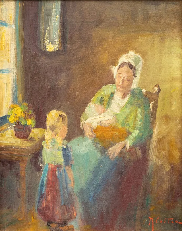 NICOLAI COSTER (NEDERLÄNDERNA, 1901-?). SIttande kvinna med barn i famn, olja på duk, signerad.