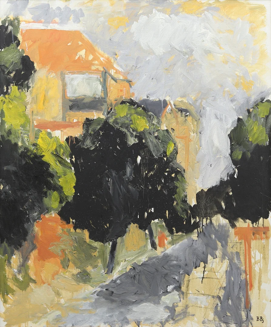 BENTE BJERREGAARD (1932-2023). "Stadsbild", olja på duk, signerad. — Paintings — Garpenhus Auktioner