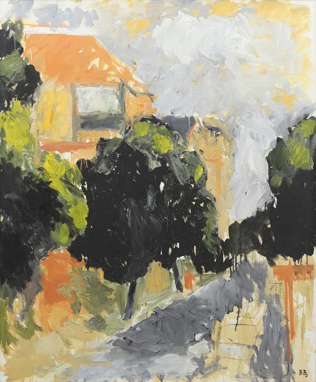 BENTE BJERREGAARD (1932-2023). "Stadsbild", olja på duk, signerad.