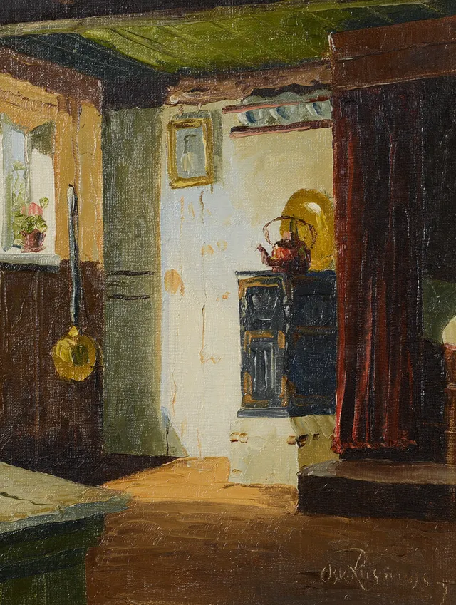 OSVALD RASMUSSEN. Interiör i stuga, olja på duk, signerad.