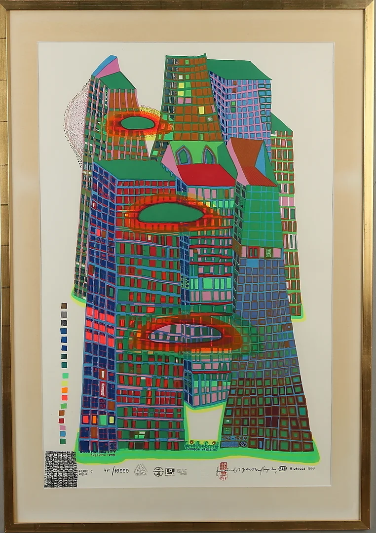 FRIEDENSREICH HUNDERTWASSER. "Good morning city, Bleeding town", färgseriegrafi, signerad samt numrerad 460/10000. — Engravings & Prints — Auktionshuset Kolonn