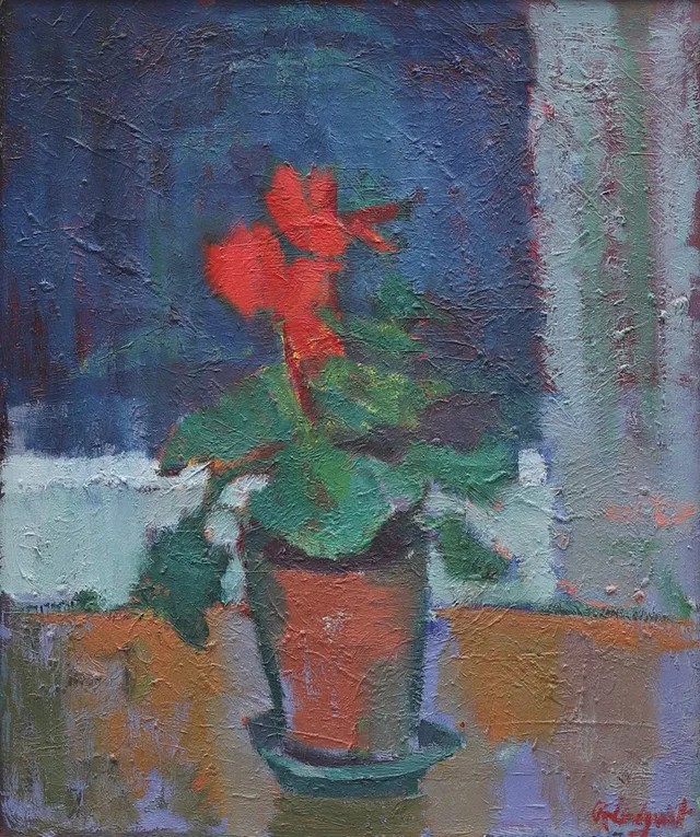 RAGNAR LINDQUIST (1906-1986). "Röd prakt i kruka", olja på duk, signerad.