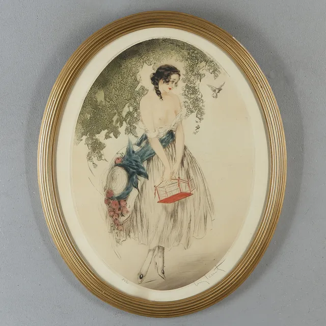 LOUIS ICART. Kvinna med fågelbur, färgetsning, signerad och numrerad 142.