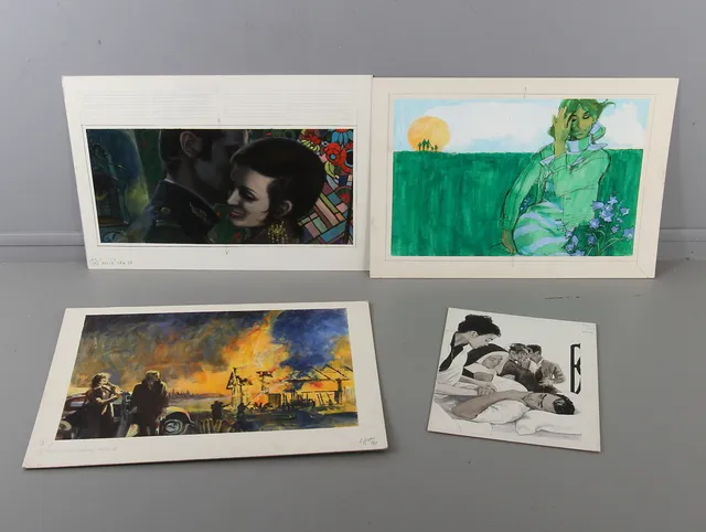 GERD MILLER. TILLSKRIVEN. 4 st, illustrationer, blandteknik.