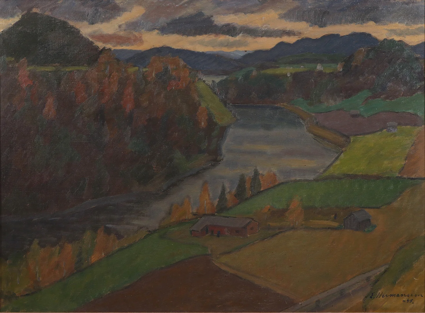 ERIC HERMANSSON. Oljemålning på duk. Landskap. Signerad och daterad -45. — Paintings — Skånes Auktionsverk