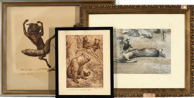 A collection of three etchings with animal motifs. Signed in print Louis Moe, one inscribed. Visible sizes from 27.5×22 to 36×44 cm.