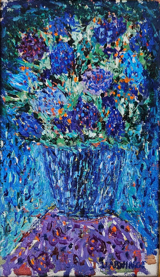 ULLA ARWINGE. "Blommor på lila duk". Olja på pannå, signerad U. Arwinge.