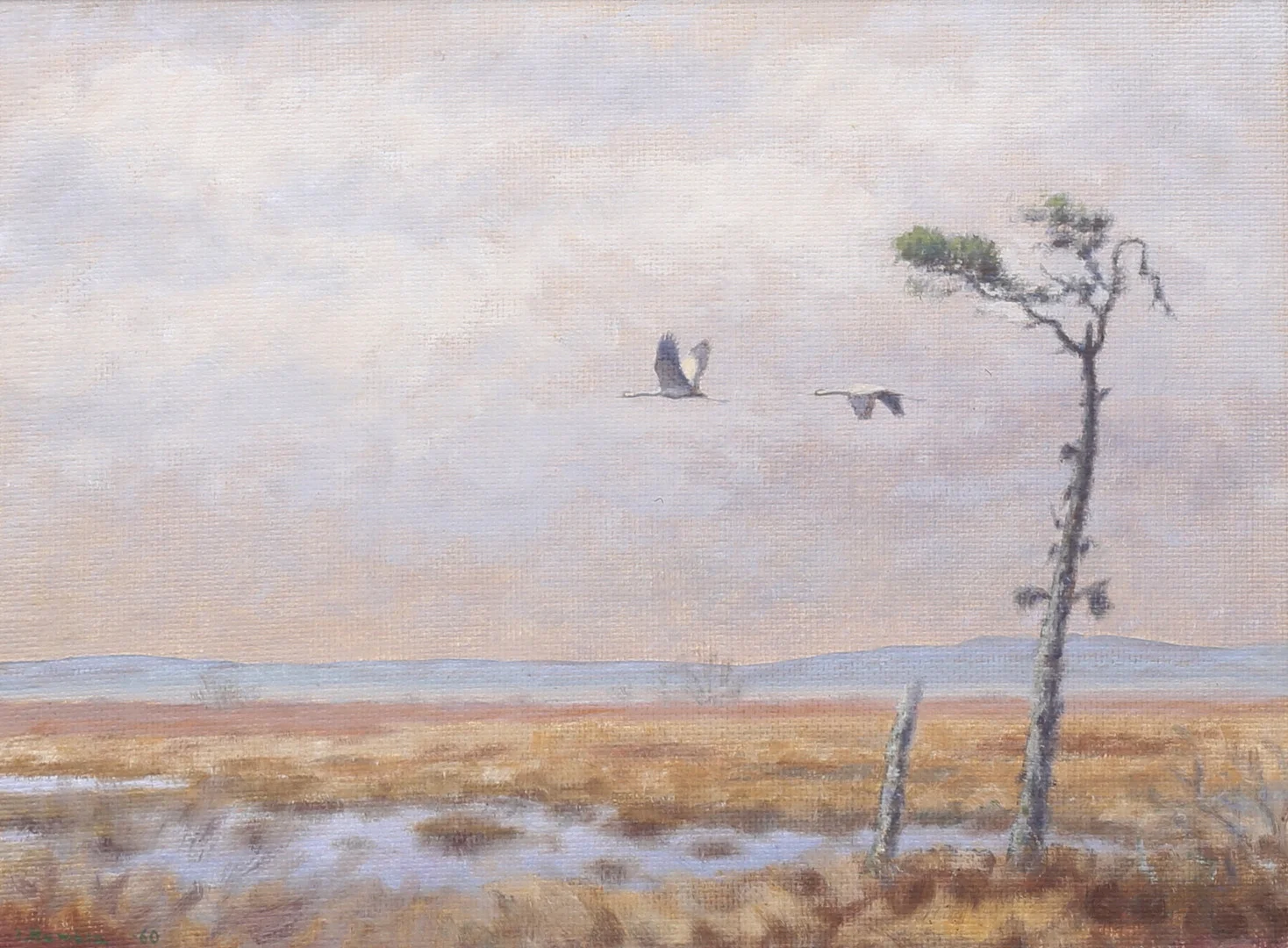 IVAN HUMBLA. "Flygande tranpar". Olja på pannå, signerad och daterad -60. — Paintings — Auktionshuset Thelin & Johansson