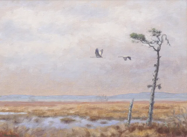 IVAN HUMBLA. "Flygande tranpar". Olja på pannå, signerad och daterad -60.