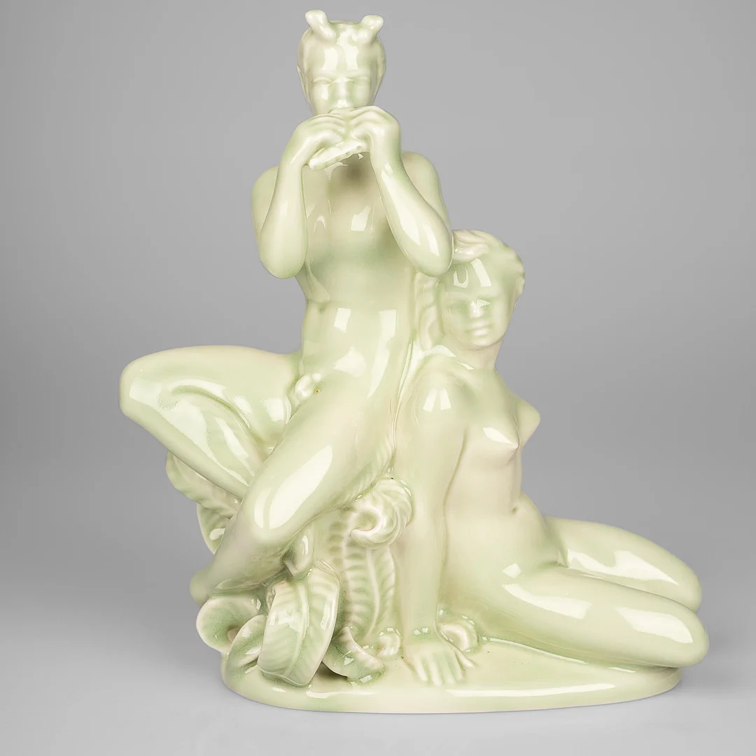 HARALD SALOMON. Figurin, "Pan med nymf" Rörstrand, signerad HS, porslin, 1900-tal. — Sculptures & Bronzes — Norrlands Auktionsverk