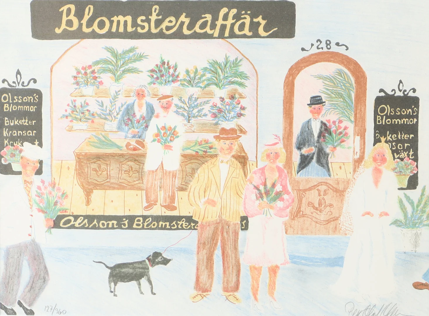 PER OLOF OLSSON. Blomsteraffär, färglitografi, signerad. — Engravings & Prints — Helsingborgs Auktionskammare