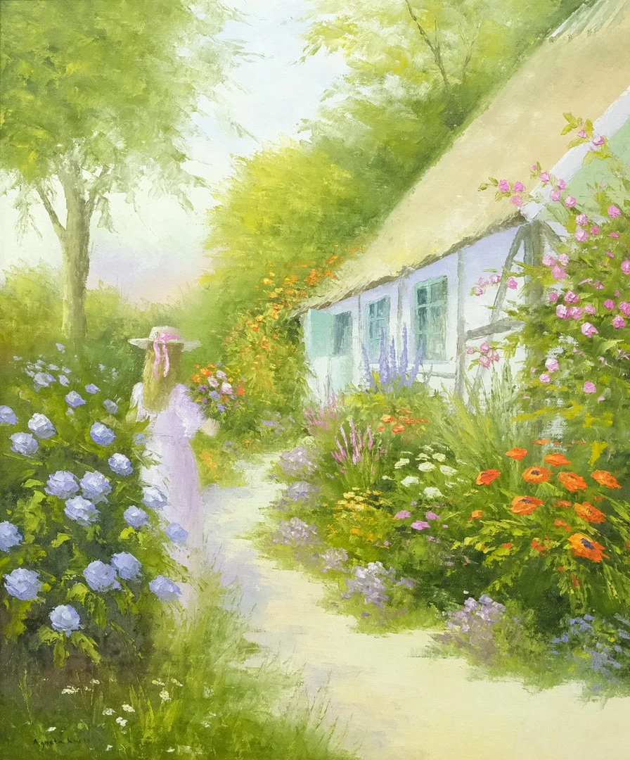 AGNETA AGGE KARLSSON. OLJA PÅ DUK. TRÄDGÅRDSMOTIV MED FLICKA. — Paintings — Björnssons Auktionskammare