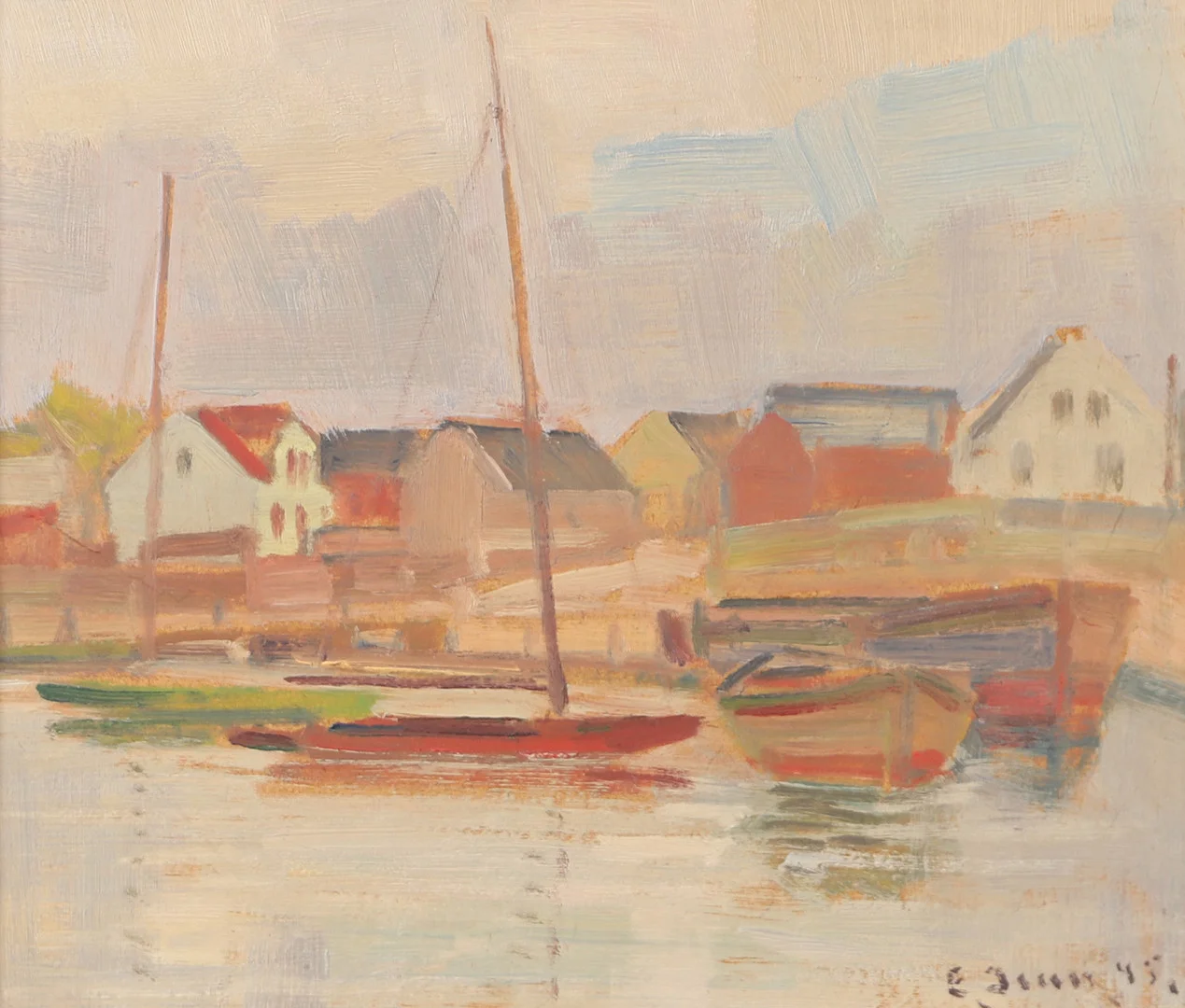 ERIK JEAN. "Motiv från Råå", olja på pannå, signerad E. Jean, daterad -45. — Paintings — Helsingborgs Auktionskammare