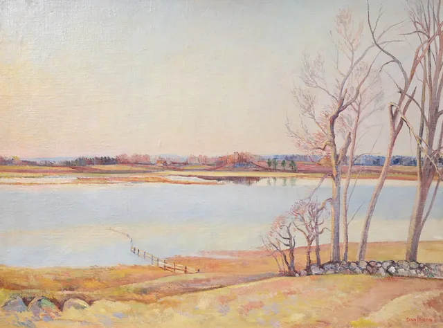 SVEN JOANN. "Översvämmad mad, Lekaryd Småland, olja på linneduk limmad på masonit, signerad, daterad 1945.