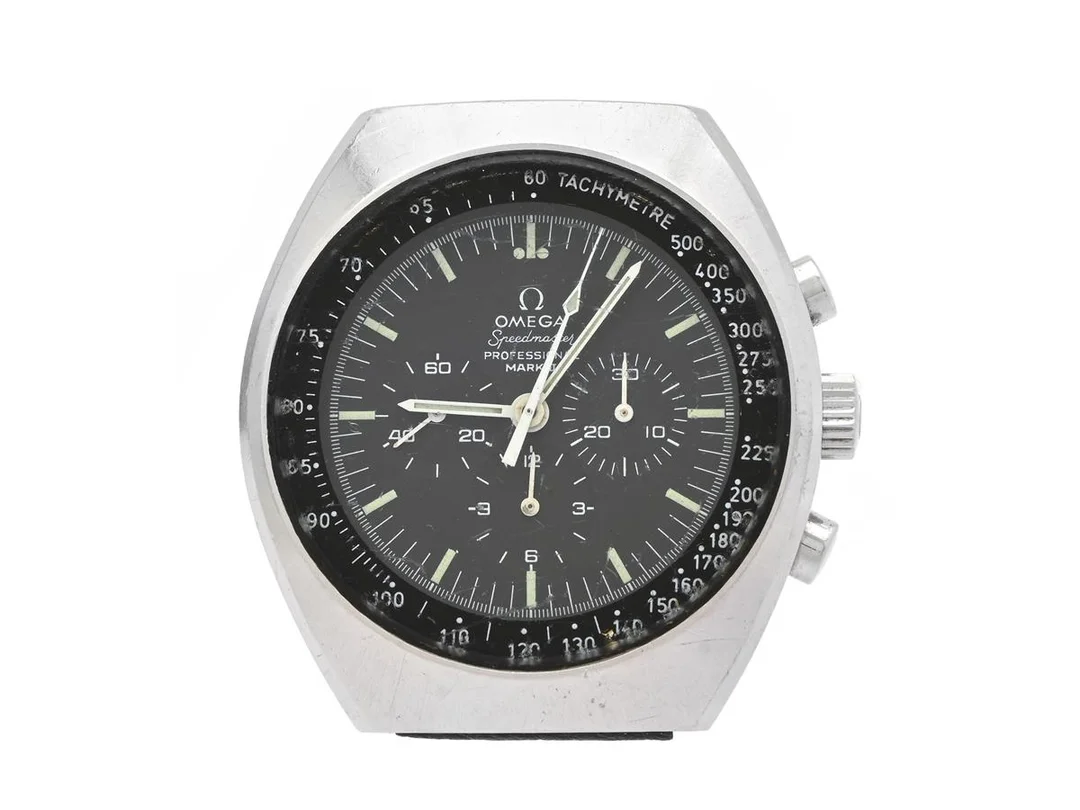 OMEGA, Speedmaster Professional, Mark II (T Swiss Made T), "Tachymetre", Cal 861, Serie nr. 32858825, Ref nr. ST 145.014, Boett nr. 145.014, kronograf (defekt, nollställer ej), herrur, 41,5 mm, stål, manuell, mineralglas, servicebehov (se fördjupad info), läderband, ca 1970. — Klockor/Omega — Kaplans