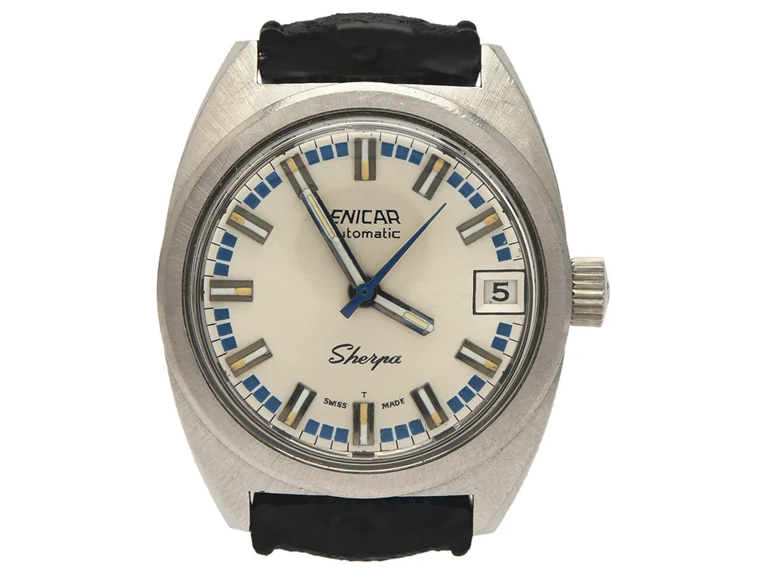 ENICAR, Sherpa, Boett nr. 875-03-01, damur, 26 mm, stål, automatisk, plexiglas, datum, skadad urtavla, gummiband (Tropic), ca 1970. — Klockor/Enicar — Kaplans