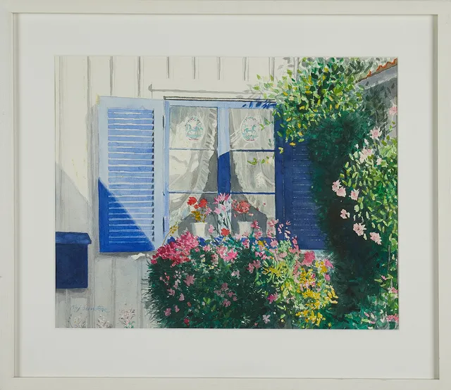 KAJ BERNSTONE (FÖDD 1946). Husvägg med blommor, signerad, akvarell.