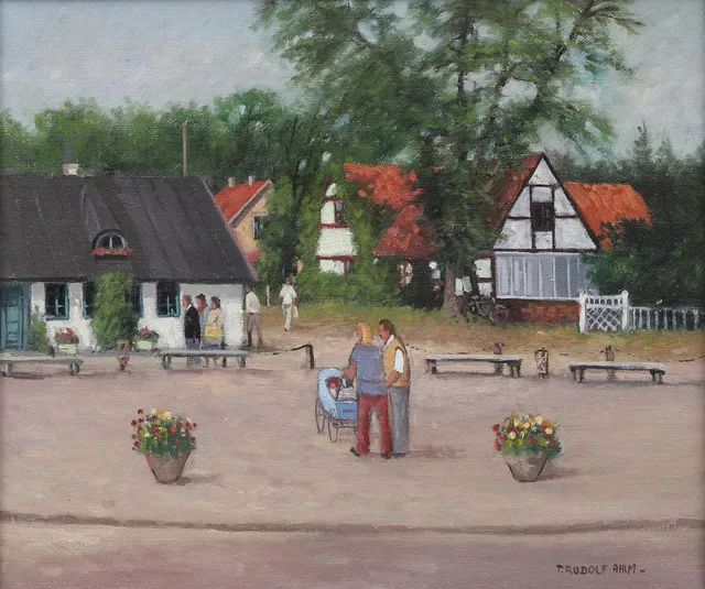TAGE AHLM (1920-1992). "Falsterbo Gamla torg", olja på duk, signerad.