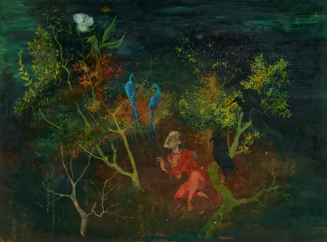 FOLKE KARLSSON (1907-1988). Fantasi, Mansfigur med fåglar, signerad Folke K, gouache.