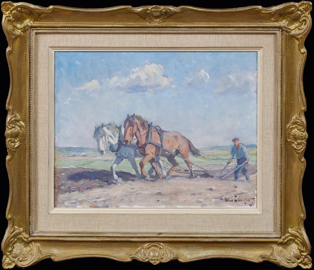ALEXANDER LANGLET. Hästar på åker, olja på duk, signerad och daterad 43. — Paintings — Göteborgs Auktionsverk