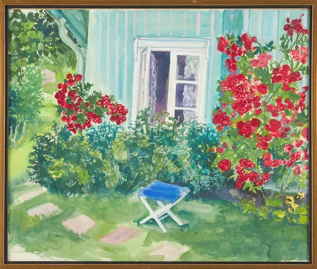 EVY LÅÅS. trädgård, akvarell, signerad.