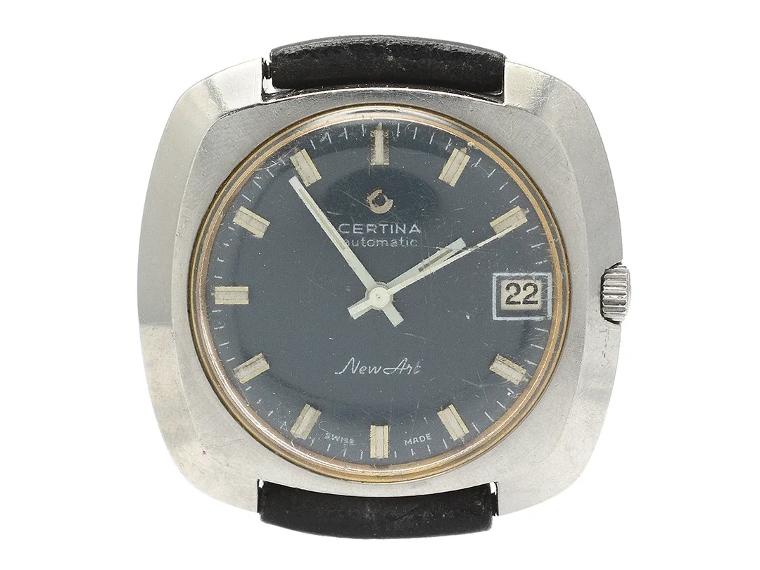 Certina, New Art, automatic, nr.5801213 8473968, stål, datum, repigt plastglas, läderarmband — Klockor/Certina — Kaplans