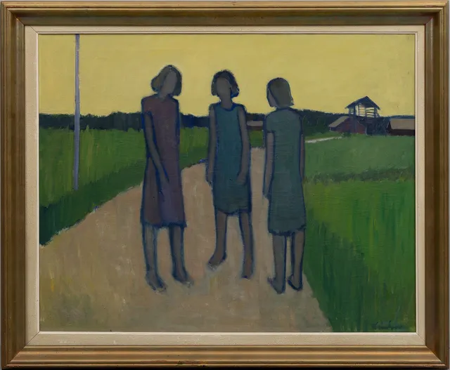 HELGE LINDEN. olja på duk, motiv av kvinnor på landsväg, signerad, 1900-talets första hälft.