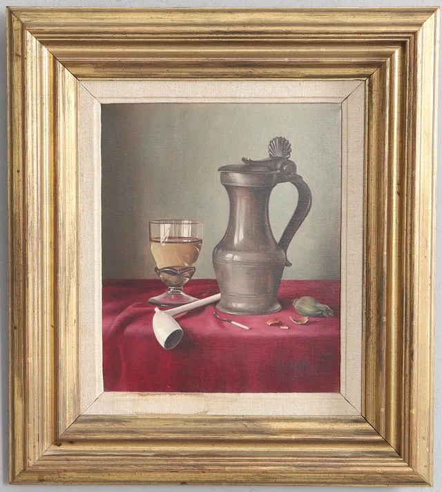 JAMES NOBLE (1919-1989). STILL LIFE OF A PEWTER TANKARD, A GLASS OF WHITE WINE A CLAY PIPE AND NUT.