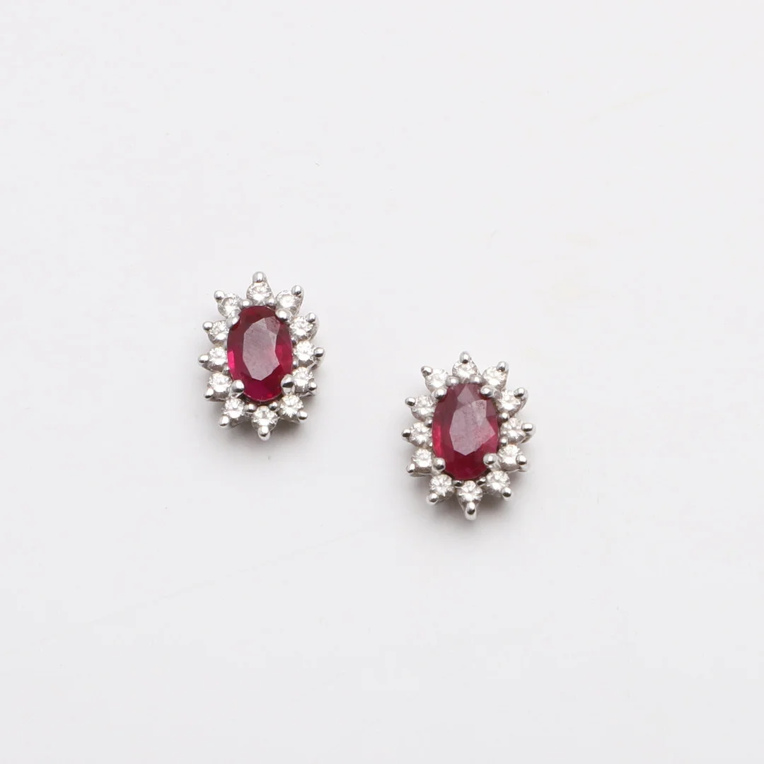 A PAIR OF RUBY AND DIAMOND CLUSTER STUD EARRINGS. — Earrings — Lawrences Auctioneers