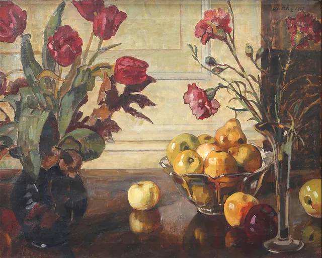 AXEL PETER. Stilleben med frukt och blommor. Olja på duk, signerad och daterad 1927.