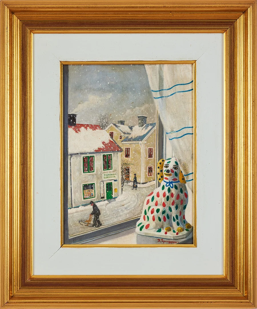 REINHOLD LJUNGGREN. "Hunden i fönstret", olja på pannå, 33 x 24 cm. — Paintings — Stockholms Auktionsverk Fine Art