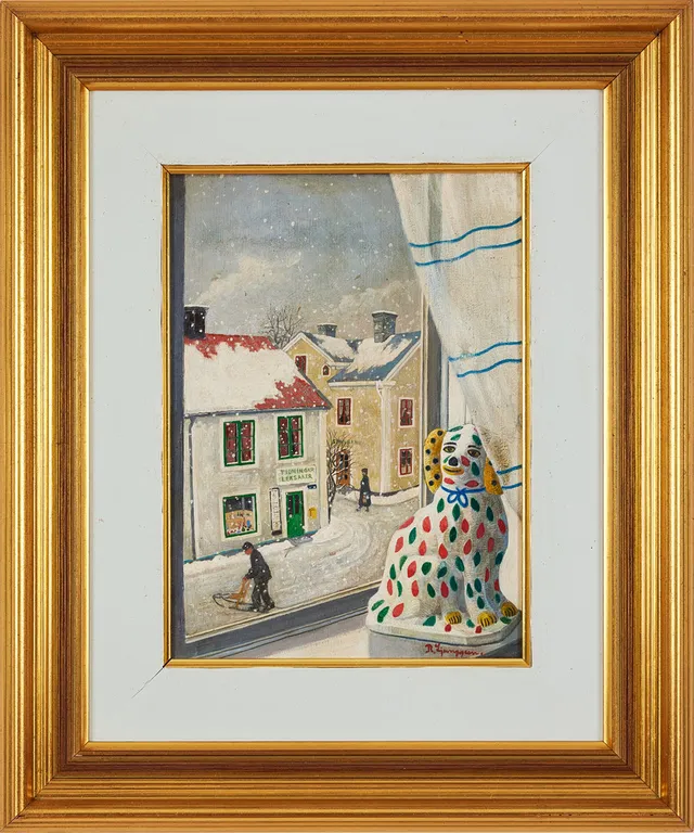 REINHOLD LJUNGGREN. "Hunden i fönstret", olja på pannå, 33 x 24 cm.