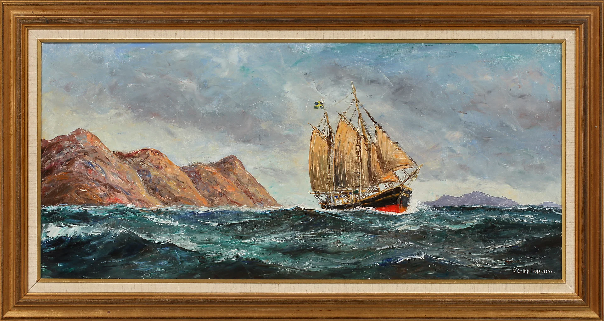 KURT ERIK HEINONEN. Kustbild med segelfartyg, olja på duk, signerad. — Paintings — Göteborgs Auktionsverk