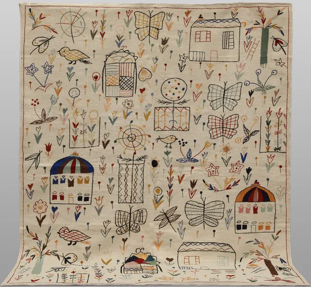 ORIENTMATTA, kelim, handvävd med handbroderad dekor, bomullsfodrad på baksidan, ca 240 x 178 cm.