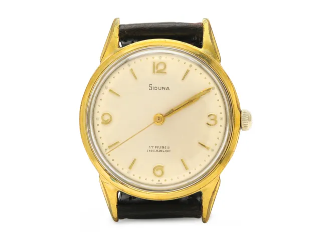 SIDUNA, herrur, 34 mm, Boett nr. 411408, gulmetall, manuell, plexiglas, skadad urtavla, läderband, ca 1960.