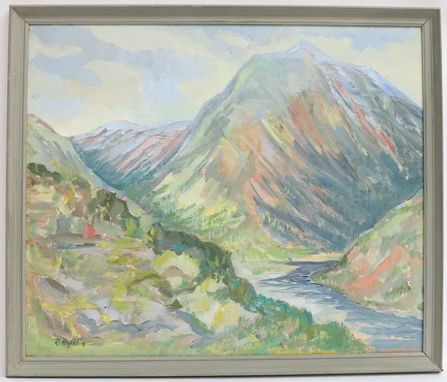RAGNVALD ASPELIN. Bergslandskap, oljemålning på pannå, signerad.