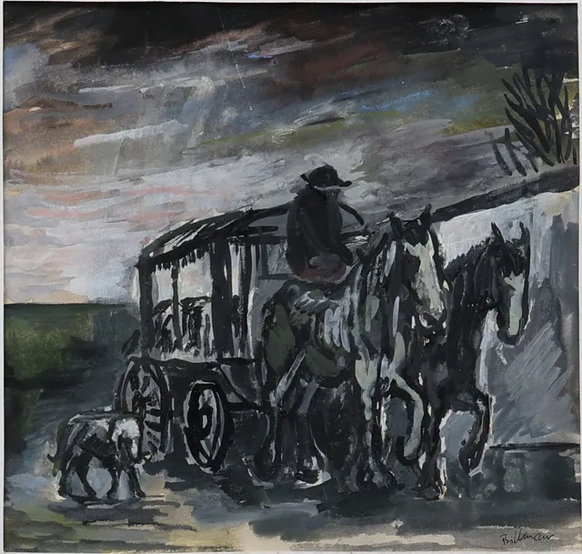 TORSTEN BILLMAN. gouache, ”Mozarts begravning”, signerad.