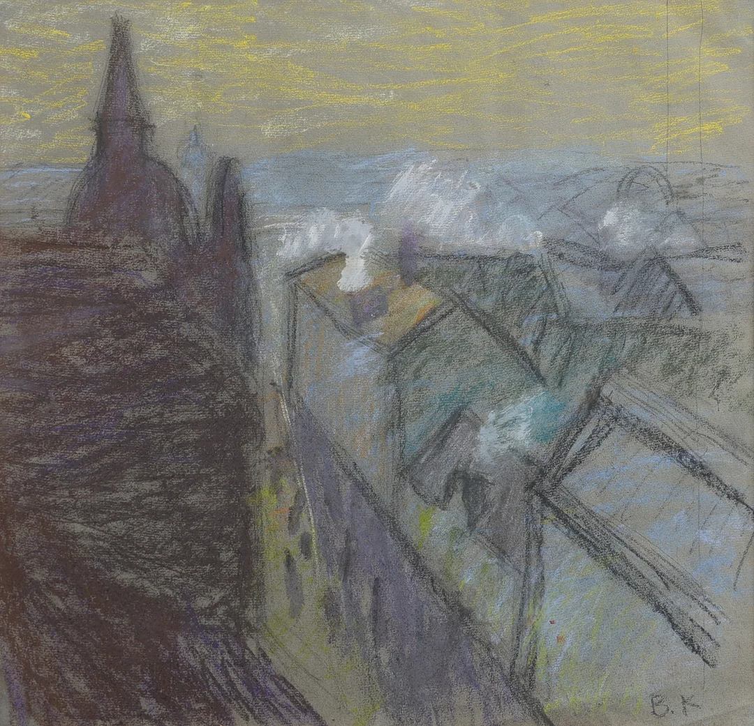 BRITA AF KLERCKER. LUND: "UTSIKT FRÅN ATELJÉN ÖVER STORA SÖDERGATAN". — Paintings — Crafoord Auktioner Lund