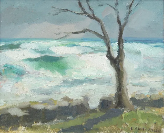 ERIK ALMGREN. Träd vid strand, olja på duk, signerad.