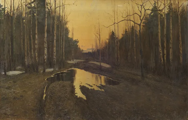 Ubekendt kunstner, skovparti i tøvejr, signeret.