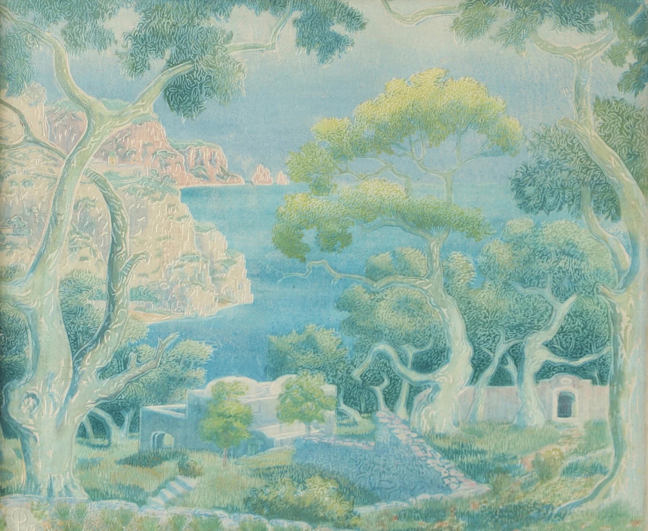 CARL PALME (1879-1960). "Amalfi-Lantgård", träsnitt/särtryck, signerad, 1948. — Engravings & Prints — Helsingborgs Auktionskammare