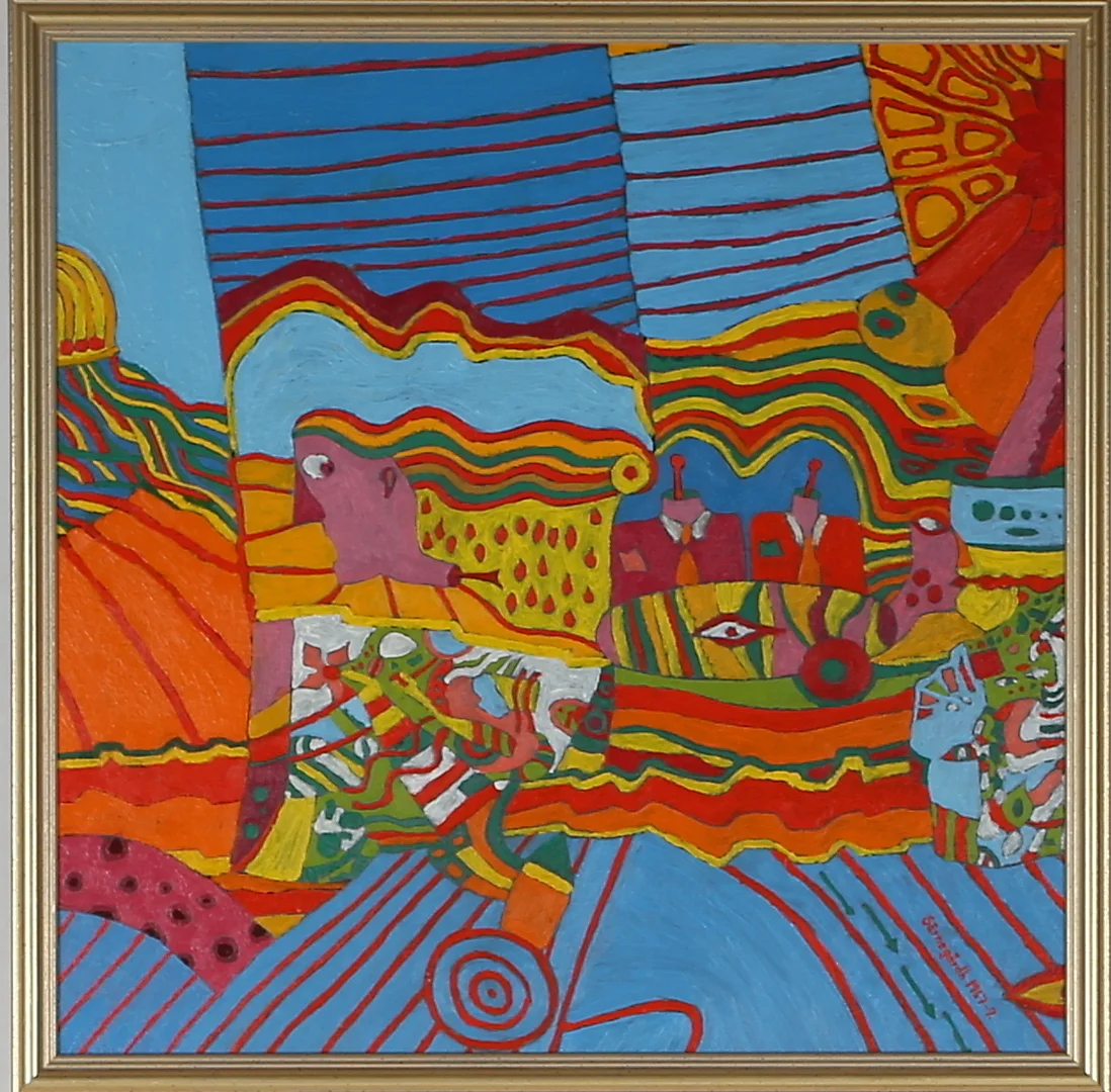 ULF SÄRNEGÅRDH. Psykedeliskt landskap, Olja på pannå. Signerad Särnegårdh och daterad 1967-9. — Paintings — Garpenhus Auktioner