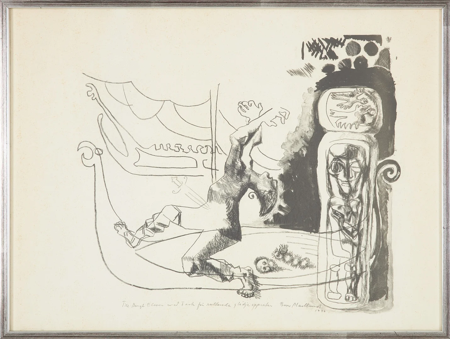 BROR MARKLUND. Figurativ motiv, litografi, med dedikation, signerad och daterad 1946. — Engravings & Prints — Stockholms Auktionsverk Sickla