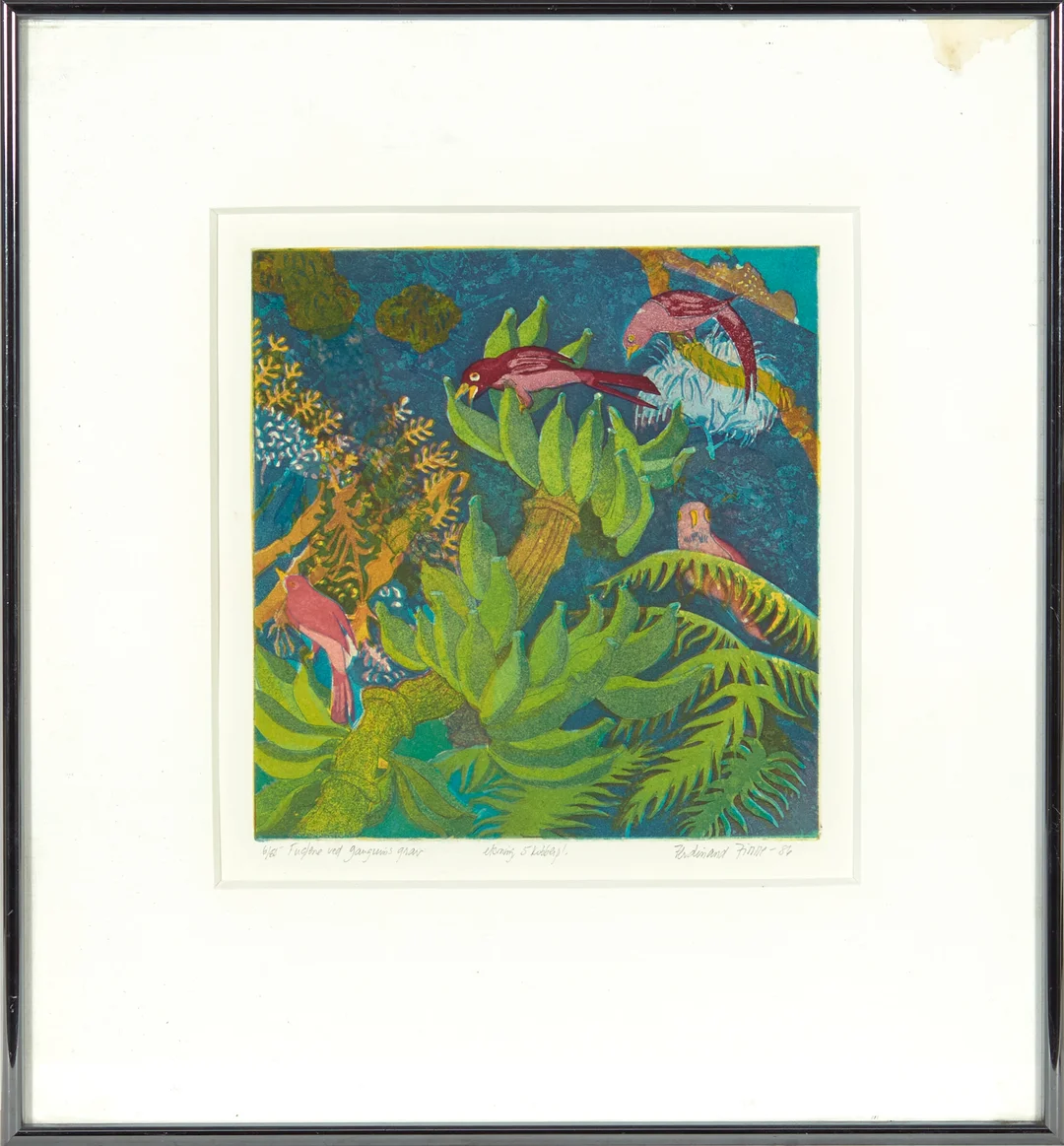 Finne, Ferdinand — "Fuglene ved Gauguins grav" 1986 — Kunst/Grafikk — Blomqvist