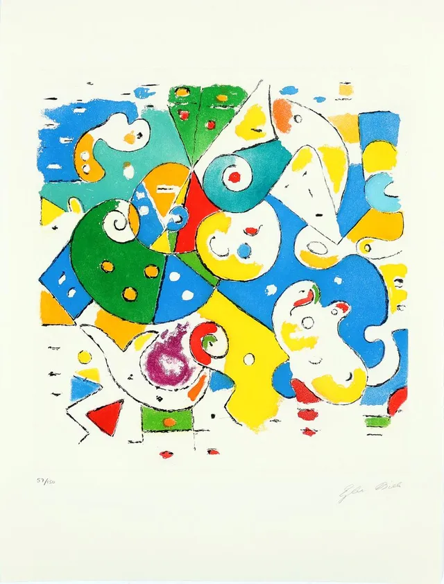 Untitled. Signed Ejler Bille, 57/150. Etching in colours. Sheet size 76 × 57 cm. Unframed.
