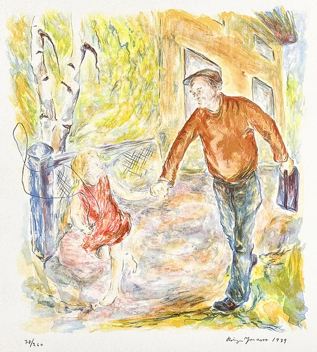 BIRGER JONASSON. FÄRGLITOGRAFI, "Hem från skiftet", signerad, numrerad, daterad-1979.