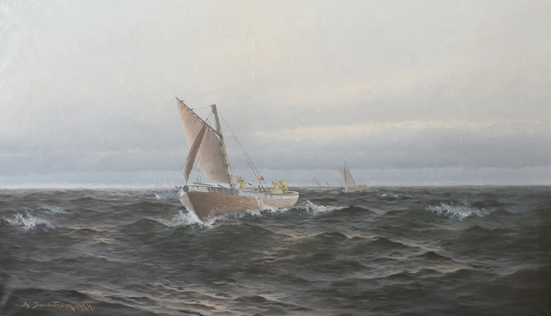 THERESIA SANDSTRÖM. Havsbild med fiskebåtar, olja på duk, signerad. — Paintings — Helsingborgs Auktionskammare
