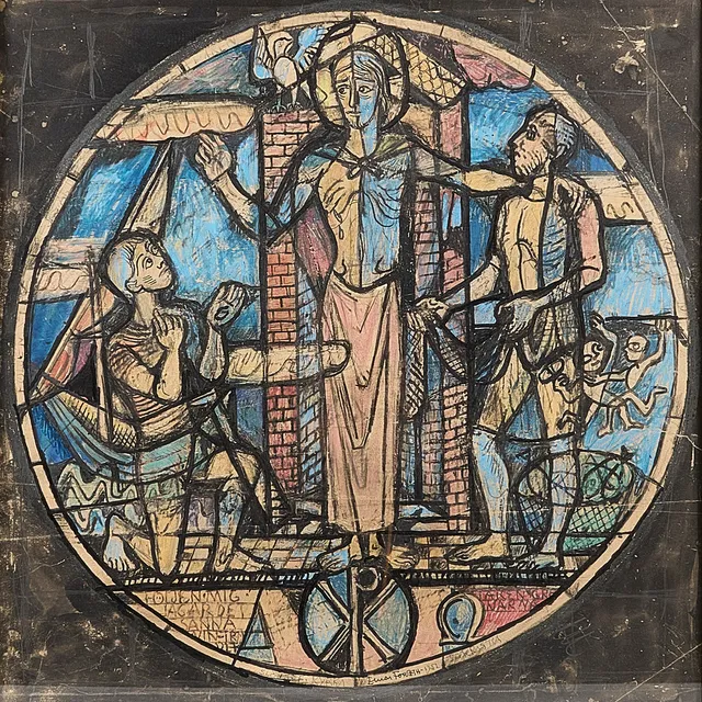 EINAR FORSETH. Blandteknik, signerad, "Sackristian i Slöinge Kyrka, studie till glasmålning".