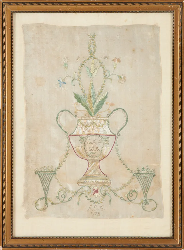 SIDENBRODERI. Gustaviansk, silkestråd mot sidensatin, 1700-tal.